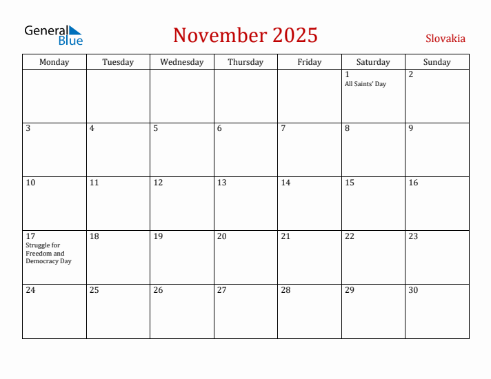 Slovakia November 2025 Calendar - Monday Start