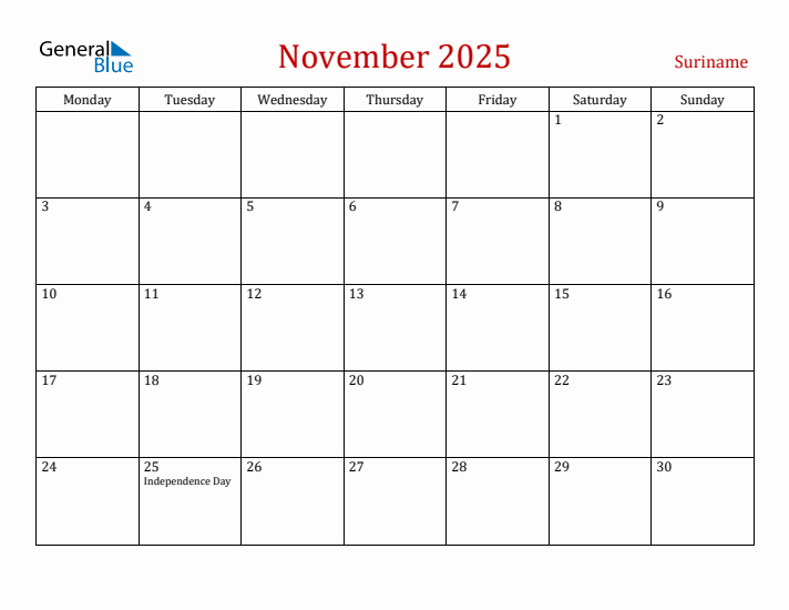 Suriname November 2025 Calendar - Monday Start