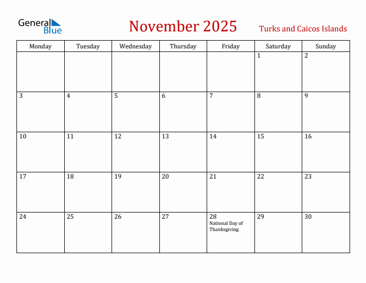 Turks and Caicos Islands November 2025 Calendar - Monday Start