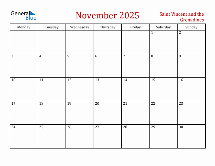 Saint Vincent and the Grenadines November 2025 Calendar - Monday Start