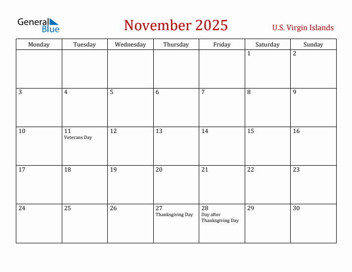 U.S. Virgin Islands November 2025 Calendar - Monday Start