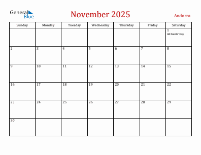 Current month calendar with Andorra holidays for November 2025