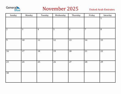 Current month calendar with United Arab Emirates holidays for November 2025