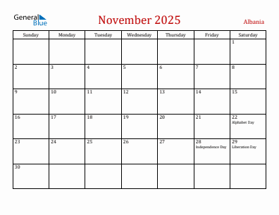 Current month calendar with Albania holidays for November 2025
