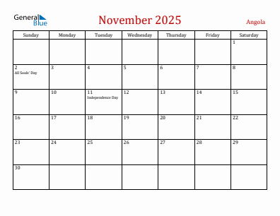 Current month calendar with Angola holidays for November 2025