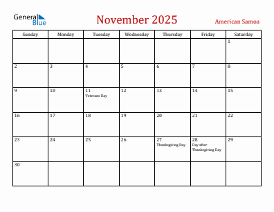 Current month calendar with American Samoa holidays for November 2025