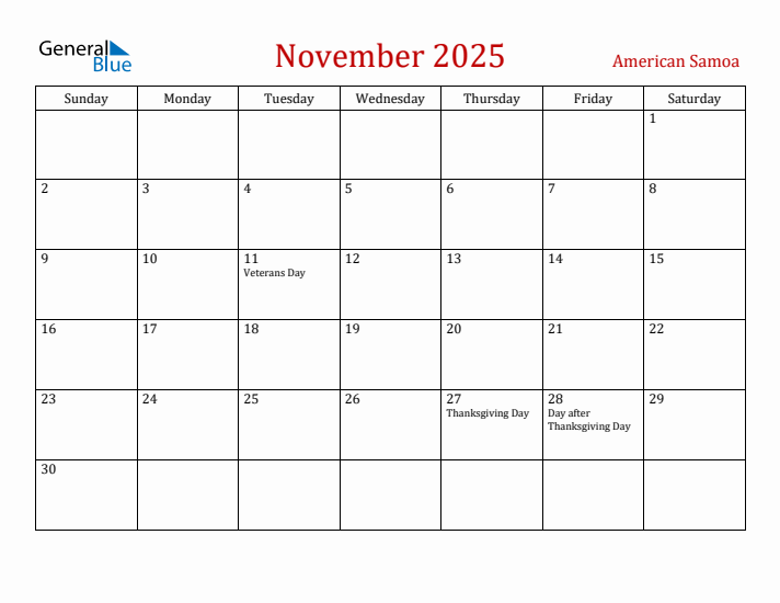 American Samoa November 2025 Calendar - Sunday Start