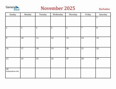 Current month calendar with Barbados holidays for November 2025