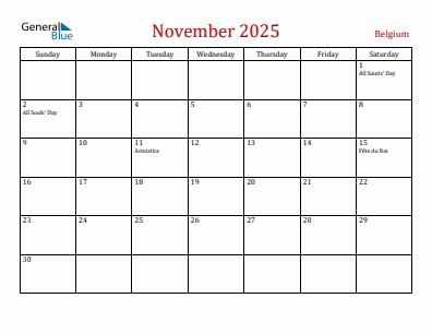 Current month calendar with Belgium holidays for November 2025