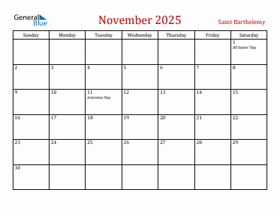 Current month calendar with Saint Barthelemy holidays for November 2025