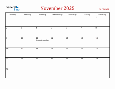 Current month calendar with Bermuda holidays for November 2025