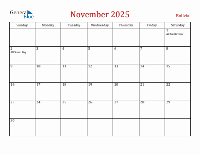 Current month calendar with Bolivia holidays for November 2025