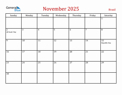 Current month calendar with Brazil holidays for November 2025