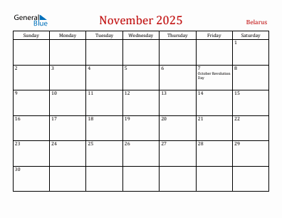 Current month calendar with Belarus holidays for November 2025