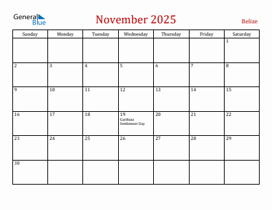 Current month calendar with Belize holidays for November 2025