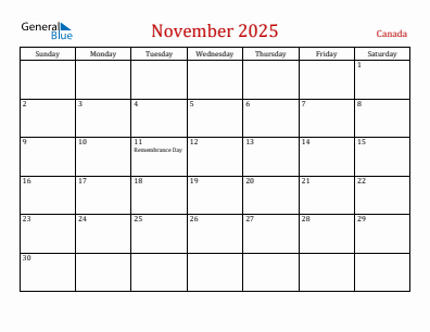 Current month calendar with Canada holidays for November 2025