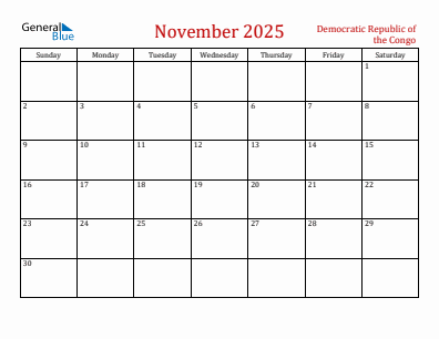 Current month calendar with Democratic Republic of the Congo holidays for November 2025