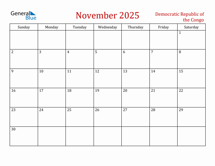 Democratic Republic of the Congo November 2025 Calendar - Sunday Start