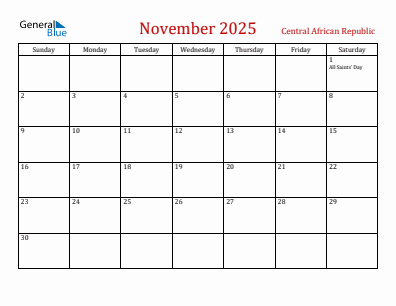 Current month calendar with Central African Republic holidays for November 2025