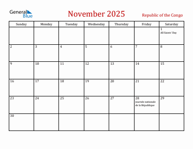 Current month calendar with Republic of the Congo holidays for November 2025