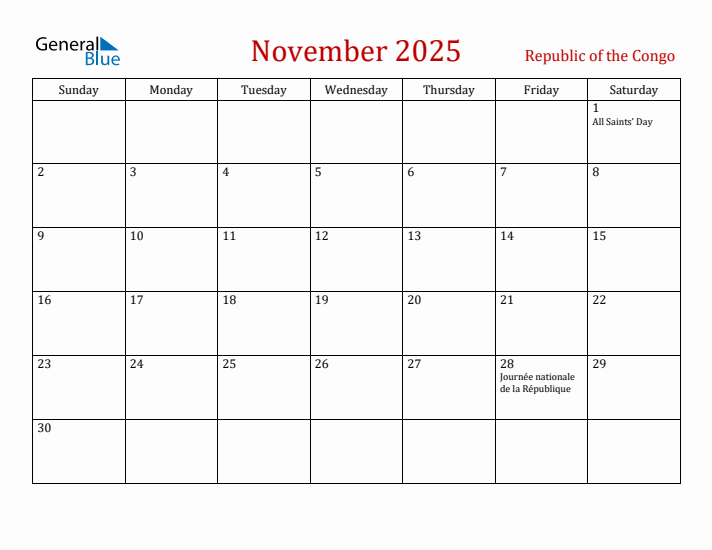Republic of the Congo November 2025 Calendar - Sunday Start