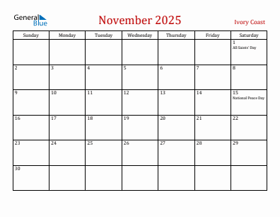 Current month calendar with Ivory Coast holidays for November 2025