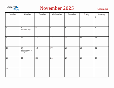 Current month calendar with Colombia holidays for November 2025