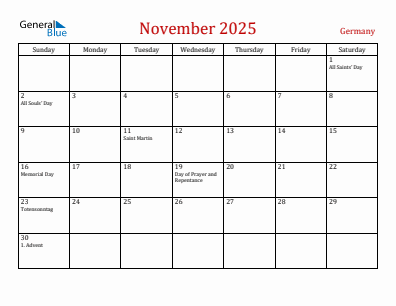 Current month calendar with Germany holidays for November 2025