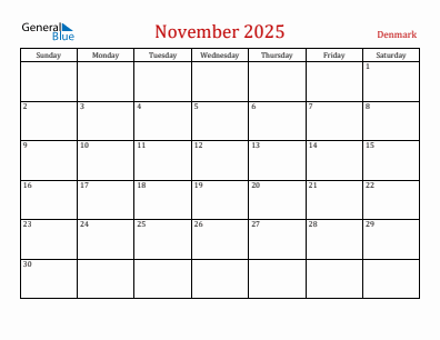 Current month calendar with Denmark holidays for November 2025