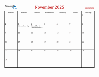 Current month calendar with Dominica holidays for November 2025