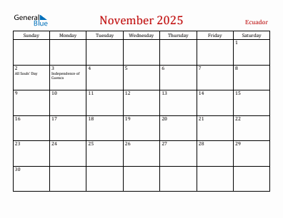 Current month calendar with Ecuador holidays for November 2025