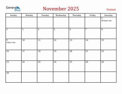 Current month calendar with Finland holidays for November 2025
