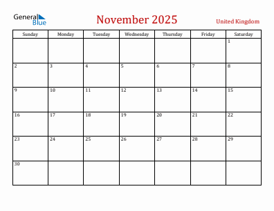 Current month calendar with United Kingdom holidays for November 2025