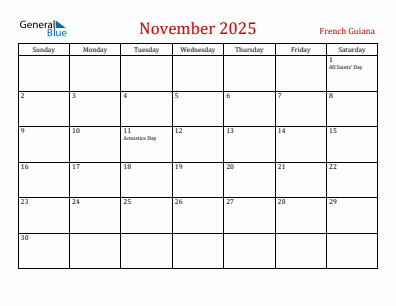 Current month calendar with French Guiana holidays for November 2025