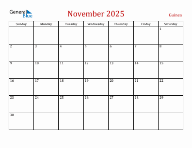 Current month calendar with Guinea holidays for November 2025
