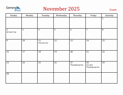 Current month calendar with Guam holidays for November 2025