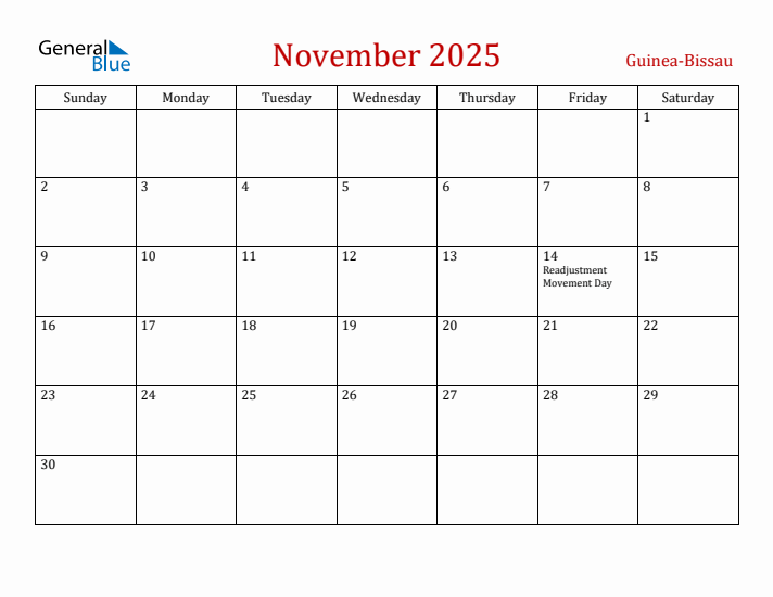 Guinea-Bissau November 2025 Calendar - Sunday Start