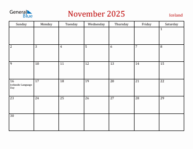 Current month calendar with Iceland holidays for November 2025