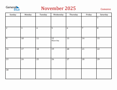 Current month calendar with Comoros holidays for November 2025