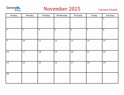 Current month calendar with Cayman Islands holidays for November 2025