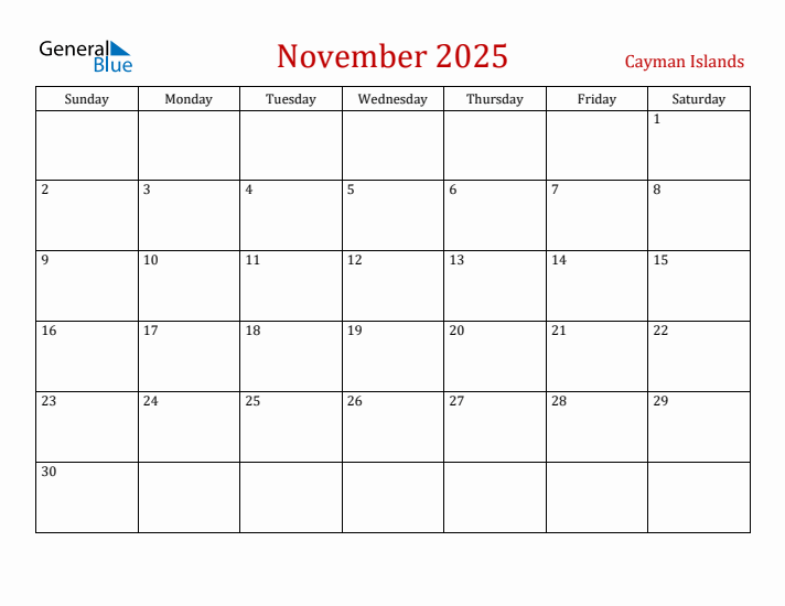 Cayman Islands November 2025 Calendar - Sunday Start