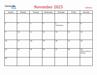 Current month calendar with Liberia holidays for November 2025