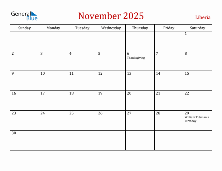 Liberia November 2025 Calendar - Sunday Start