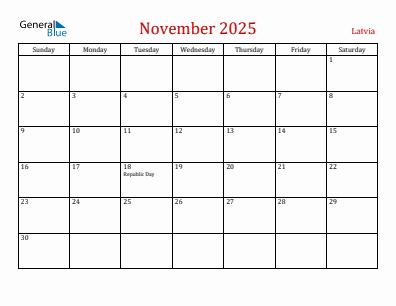 Current month calendar with Latvia holidays for November 2025