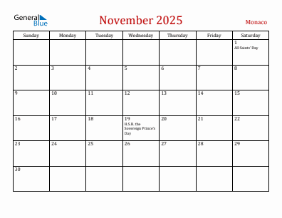 Current month calendar with Monaco holidays for November 2025