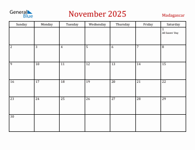 Current month calendar with Madagascar holidays for November 2025
