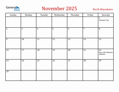 Current month calendar with North Macedonia holidays for November 2025