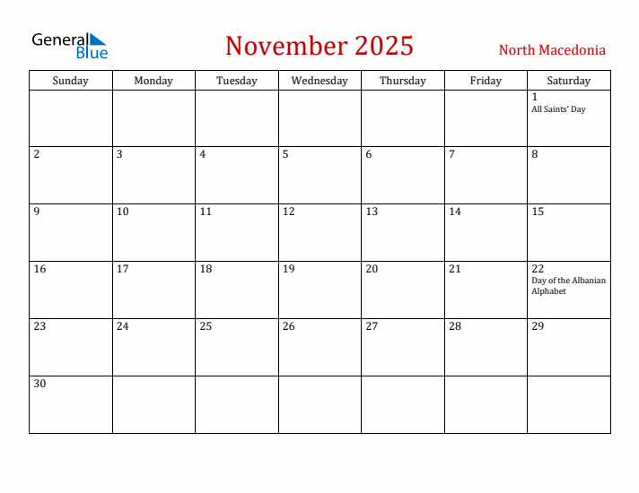 North Macedonia November 2025 Calendar - Sunday Start