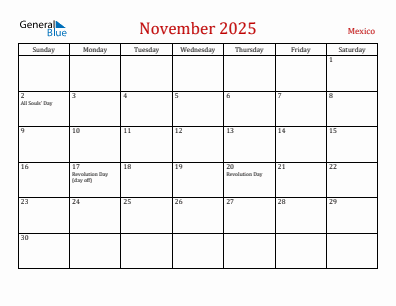 Current month calendar with Mexico holidays for November 2025