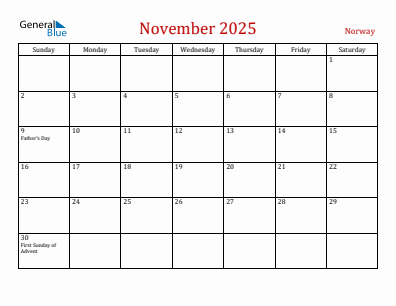 Current month calendar with Norway holidays for November 2025